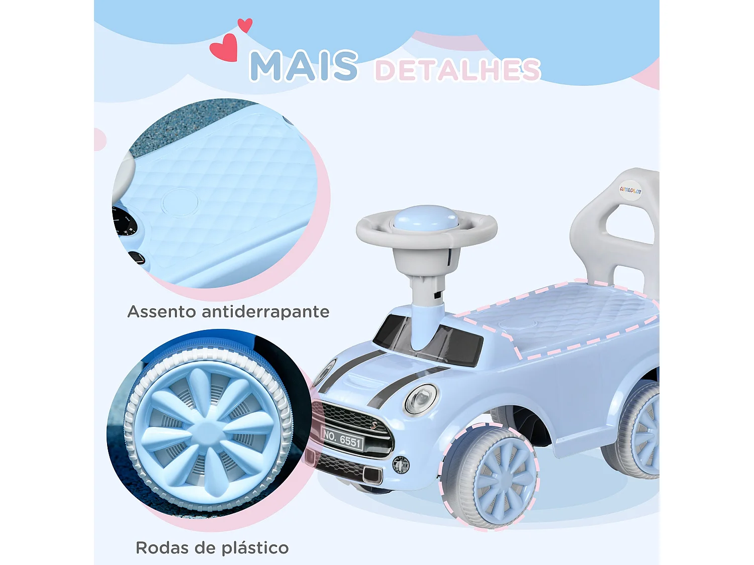 AIYAPLAY Carro Andador Azul Claro para Bebês de 18 a 36 Meses com Sistema Anti-Tombo