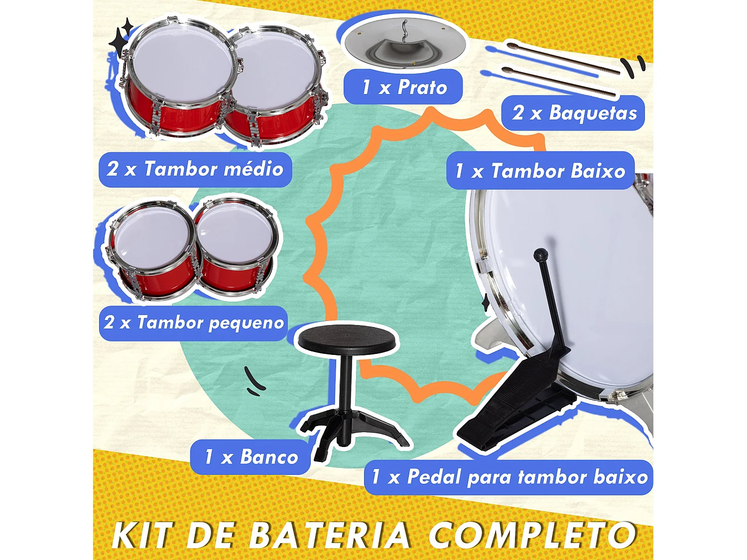 AIYAPLAY Bateria Infantil Completa para Crianças com Banco e Acessórios - Ideal para Iniciantes