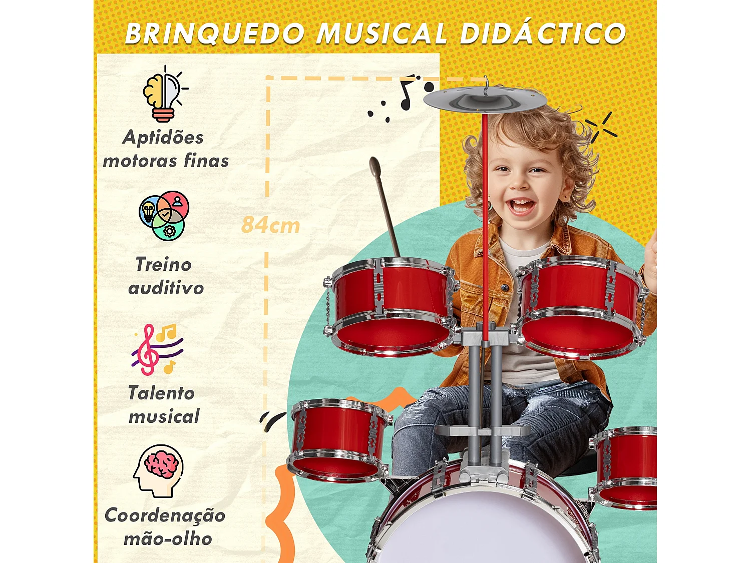 AIYAPLAY Bateria Infantil Completa para Crianças com Banco e Acessórios - Ideal para Iniciantes