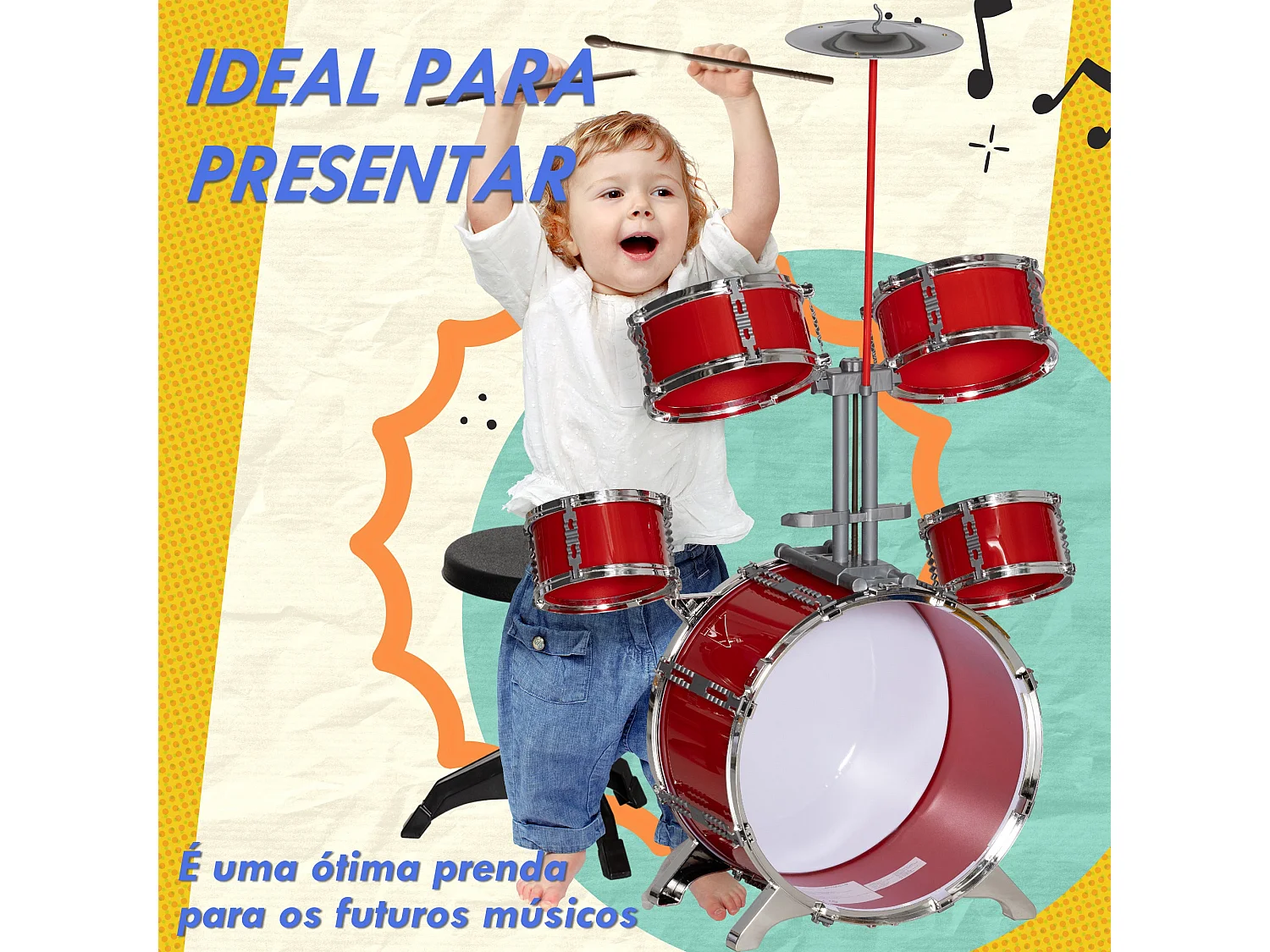 AIYAPLAY Bateria Infantil Completa para Crianças com Banco e Acessórios - Ideal para Iniciantes