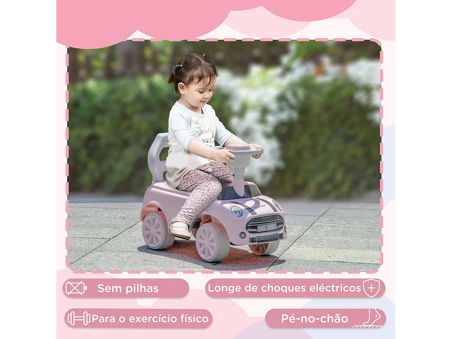 Carro Andador AIYAPLAY para Bebês de 18 a 36 Meses com Volante, Buzina e Sistema Anti-Tombo Rosa