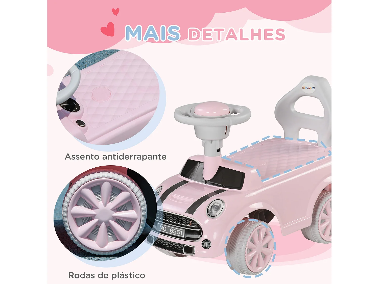 Carro Andador AIYAPLAY para Bebês de 18 a 36 Meses com Volante, Buzina e Sistema Anti-Tombo Rosa