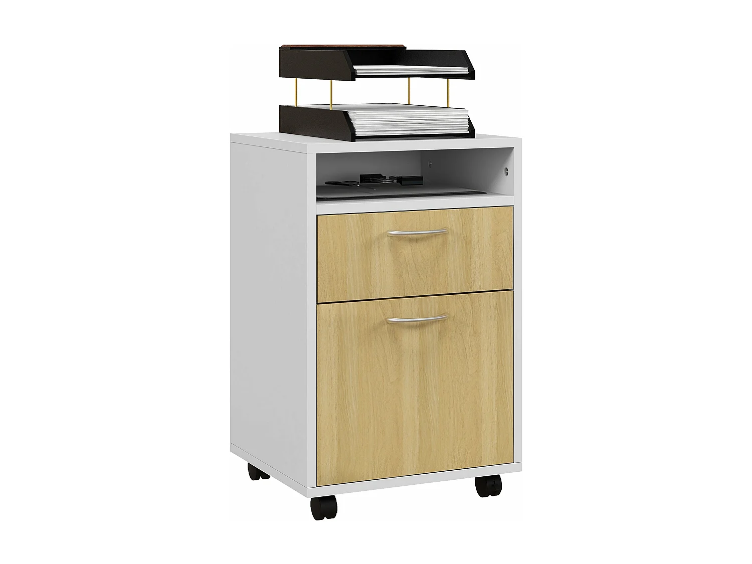 HOMCOM Bloco de Gavetas de Escritório com Armário e Rodas - Móvel Compacto de Armazenamento em Madeira Branca 40x35x60 cm