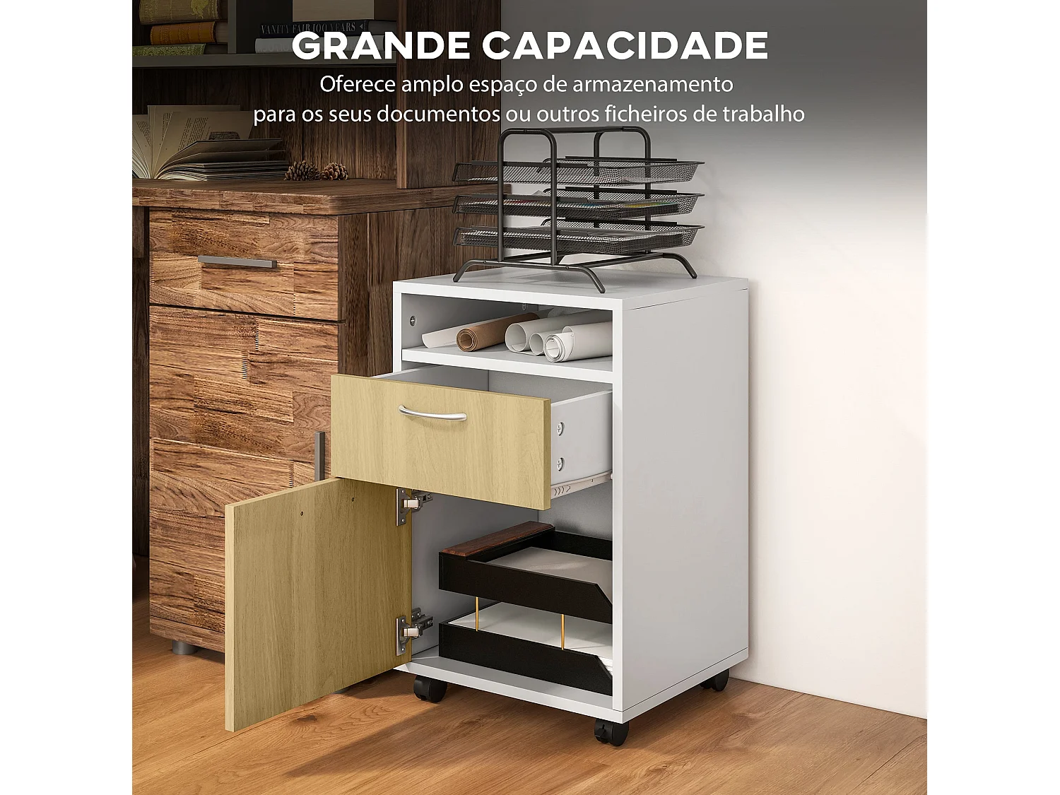 HOMCOM Bloco de Gavetas de Escritório com Armário e Rodas - Móvel Compacto de Armazenamento em Madeira Branca 40x35x60 cm