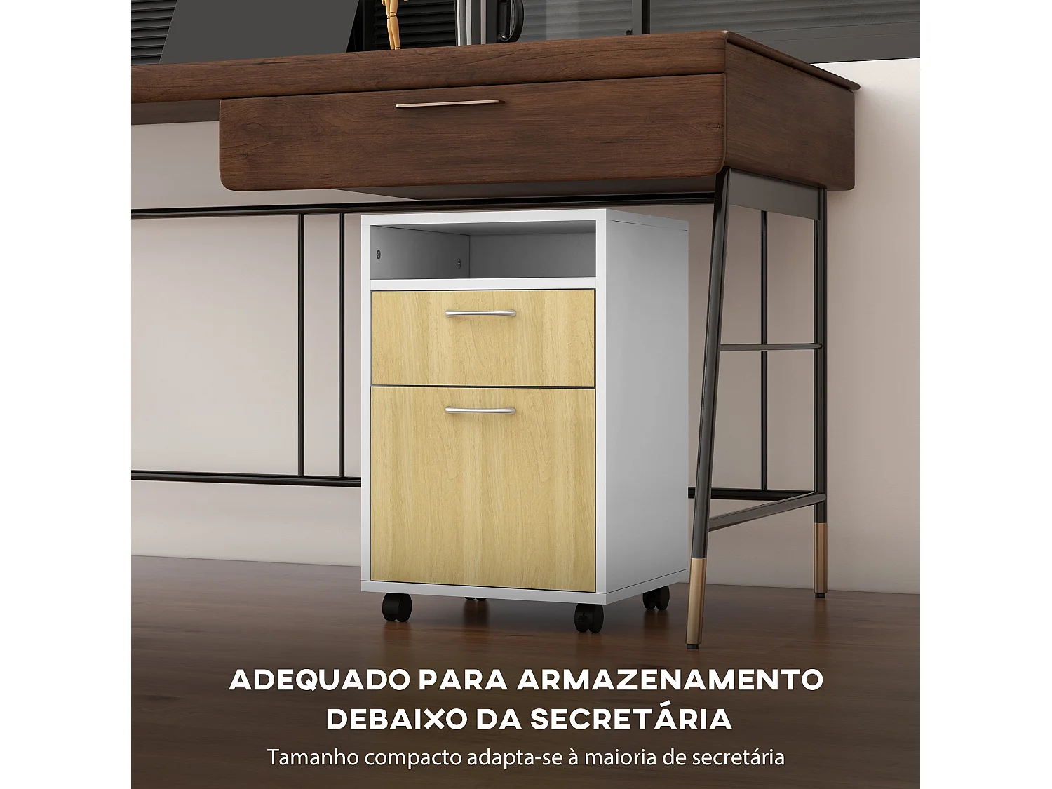 HOMCOM Bloco de Gavetas de Escritório com Armário e Rodas - Móvel Compacto de Armazenamento em Madeira Branca 40x35x60 cm