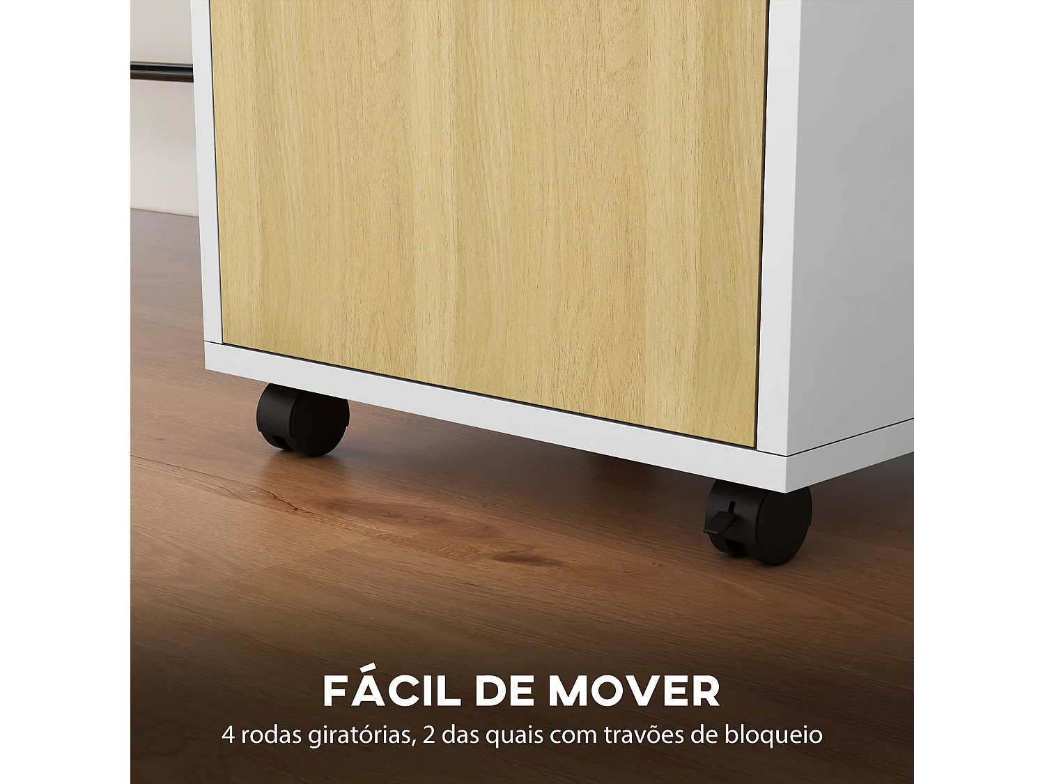 HOMCOM Bloco de Gavetas de Escritório com Armário e Rodas - Móvel Compacto de Armazenamento em Madeira Branca 40x35x60 cm