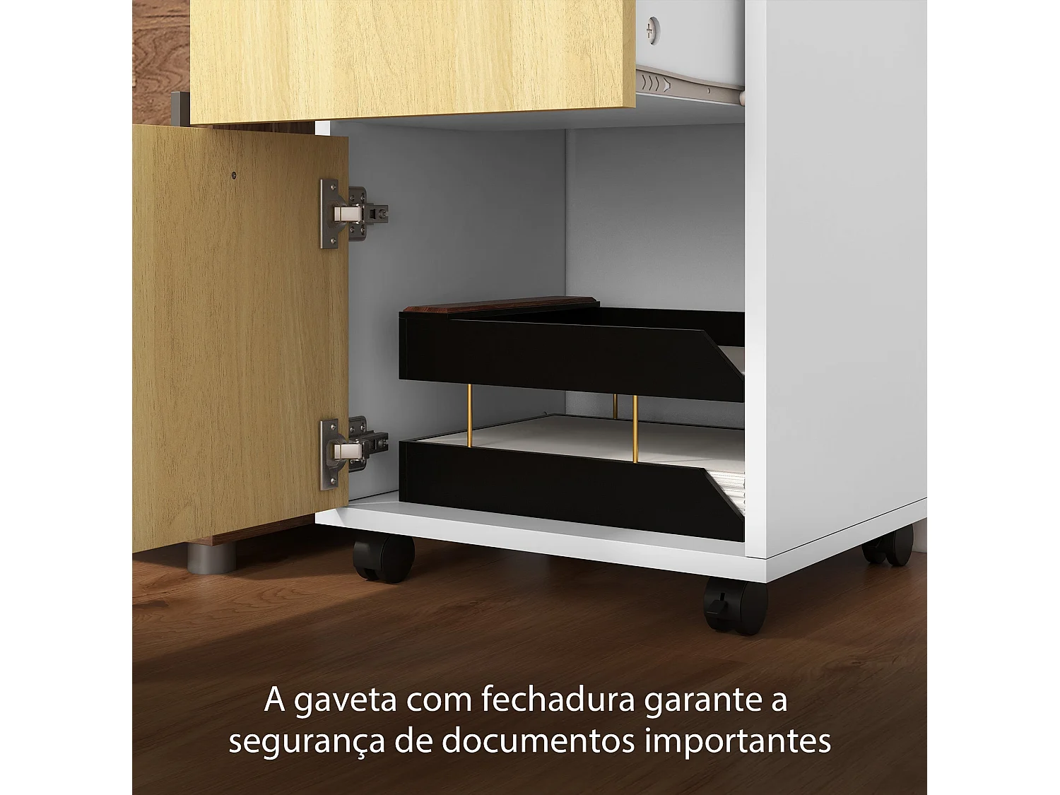 HOMCOM Bloco de Gavetas de Escritório com Armário e Rodas - Móvel Compacto de Armazenamento em Madeira Branca 40x35x60 cm