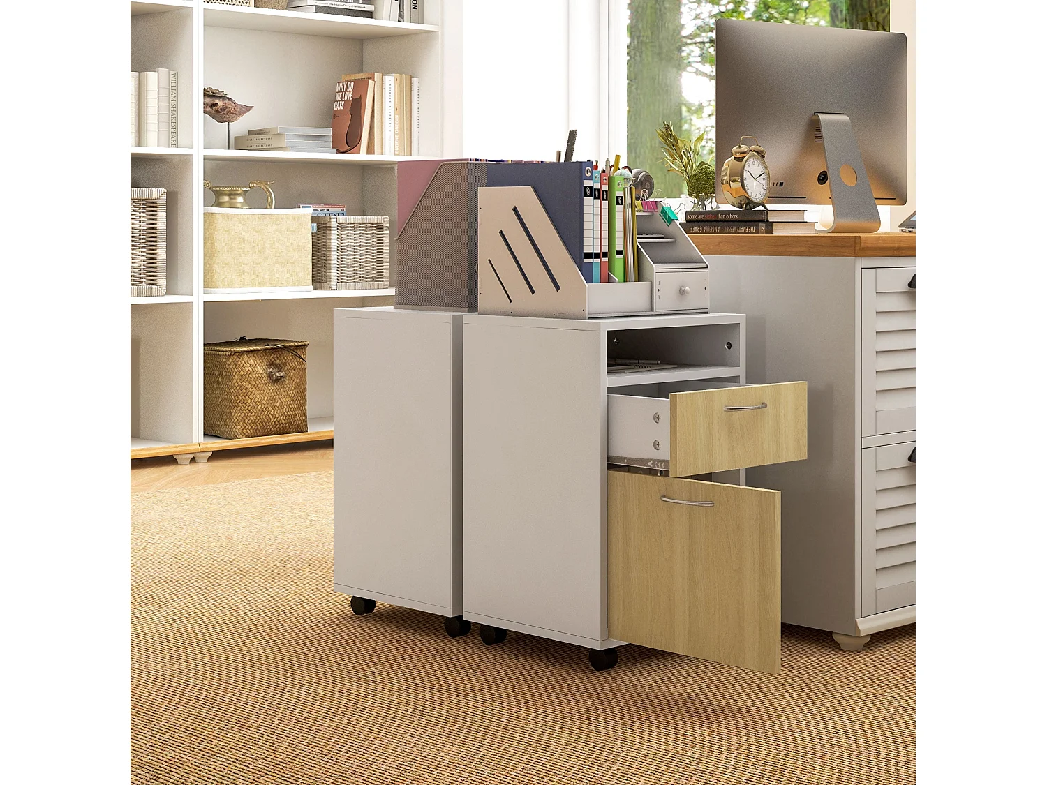 HOMCOM Bloco de Gavetas de Escritório com Armário e Rodas - Móvel Compacto de Armazenamento em Madeira Branca 40x35x60 cm