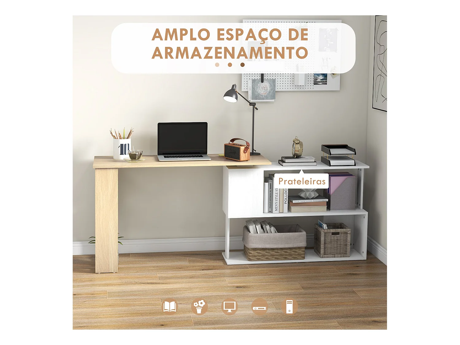 Escritorio Aventa Homcom multiposición 360º blanco/natural 74,5x120x110 cm