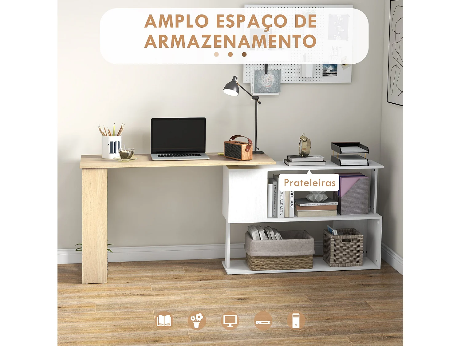 360° draaibare hoektafel met 5 planken - 120x110x74,5 cm - Hout en wit