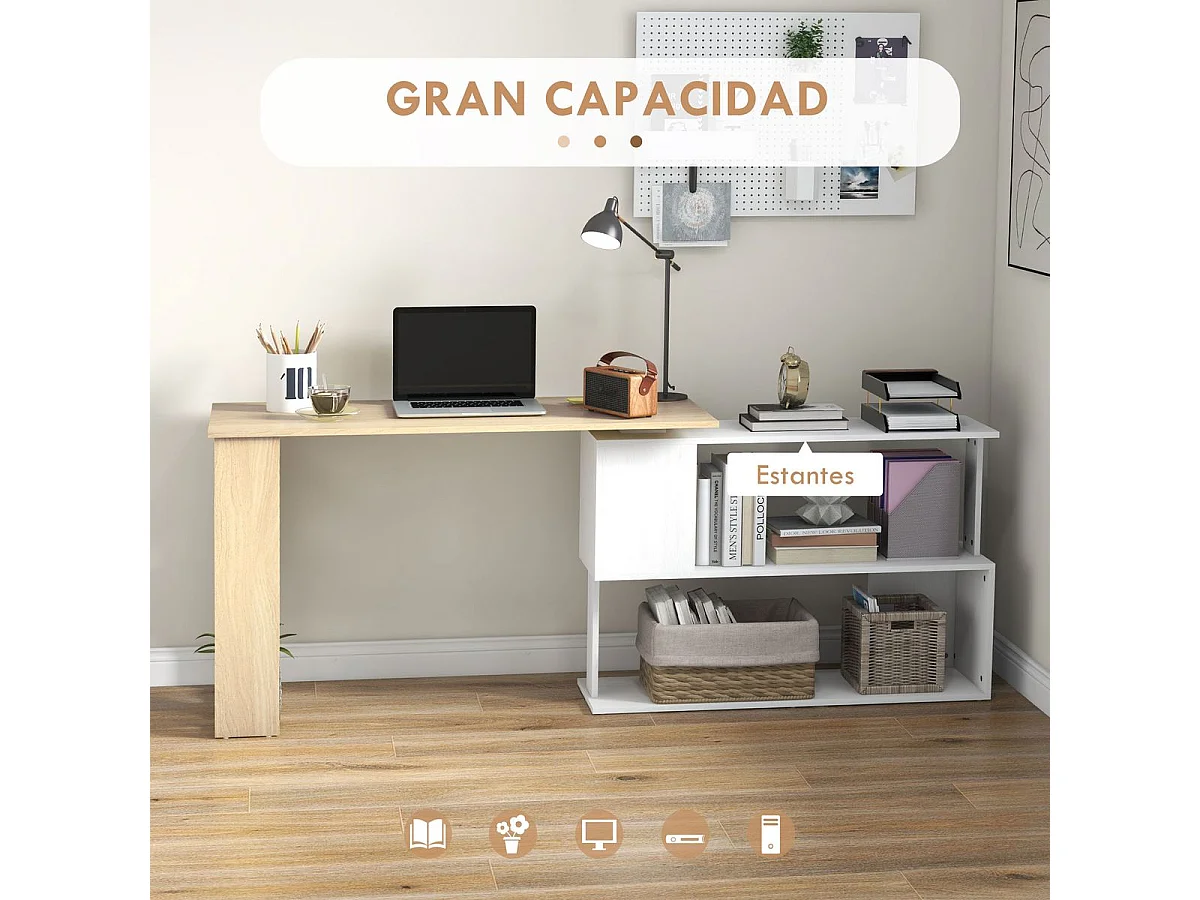 Table d'angle pivotante à 360° avec 5 étagères - 120 x 110 x 74,5 cm - Bois et blanc