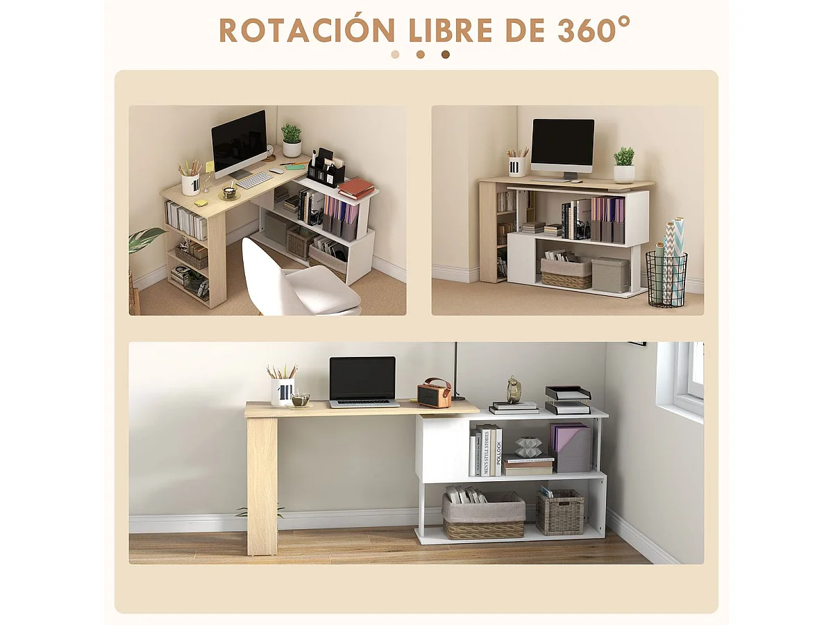 Table d'angle pivotante à 360° avec 5 étagères - 120 x 110 x 74,5 cm - Bois et blanc