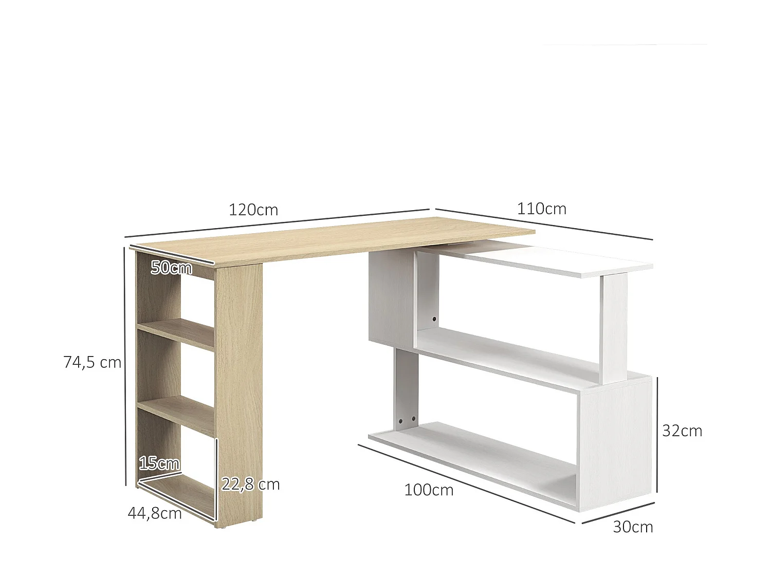 Tavolo angolare girevole a 360° con 5 ripiani - 120x110x74,5 cm - Legno e bianco
