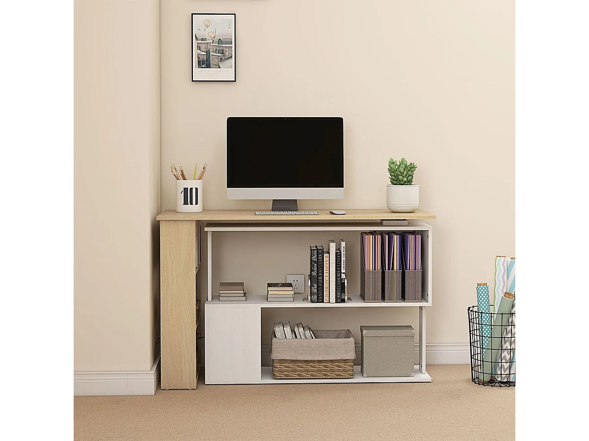 Table d'angle pivotante à 360° avec 5 étagères - 120 x 110 x 74,5 cm - Bois et blanc