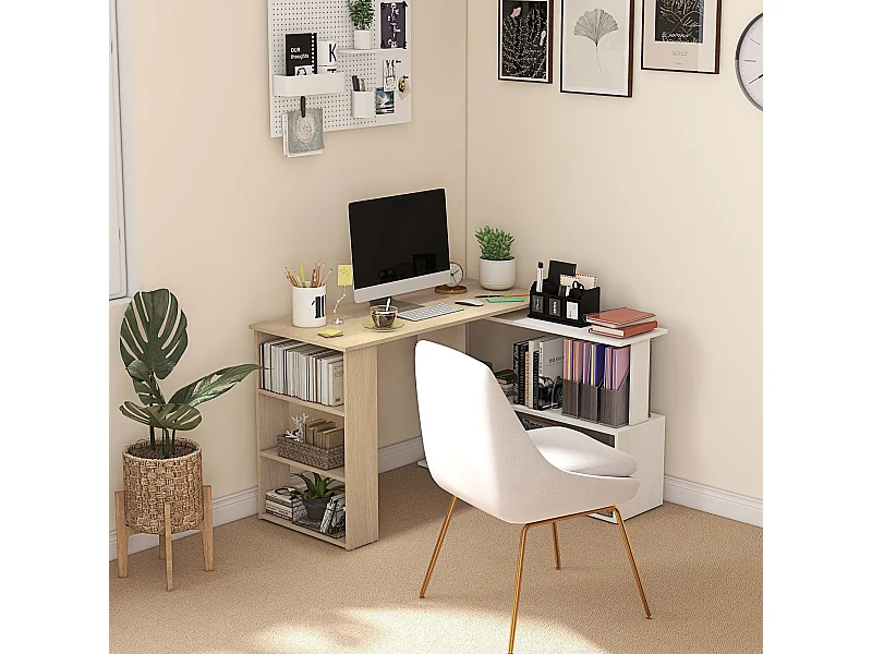 360° drehbarer Eck-Beistelltisch mit 5 Ablagen – 120 x 110 x 74,5 cm – Holz und Weiß