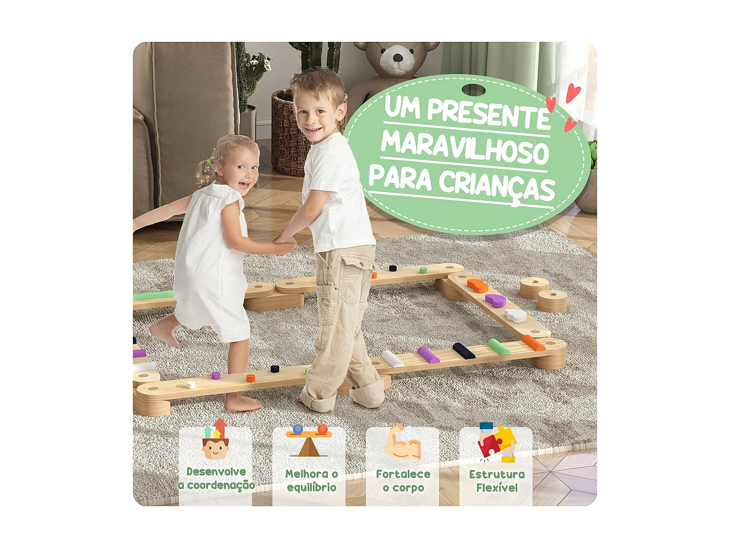 Trave de Equilíbrio AIYAPLAY - Jogo de Madeira Multicolorido para Crianças a Partir de 3 Anos