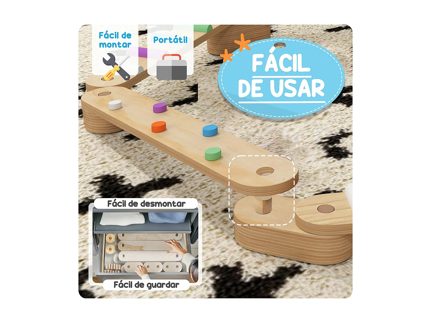 Trave de Equilíbrio AIYAPLAY - Jogo de Madeira Multicolorido para Crianças a Partir de 3 Anos