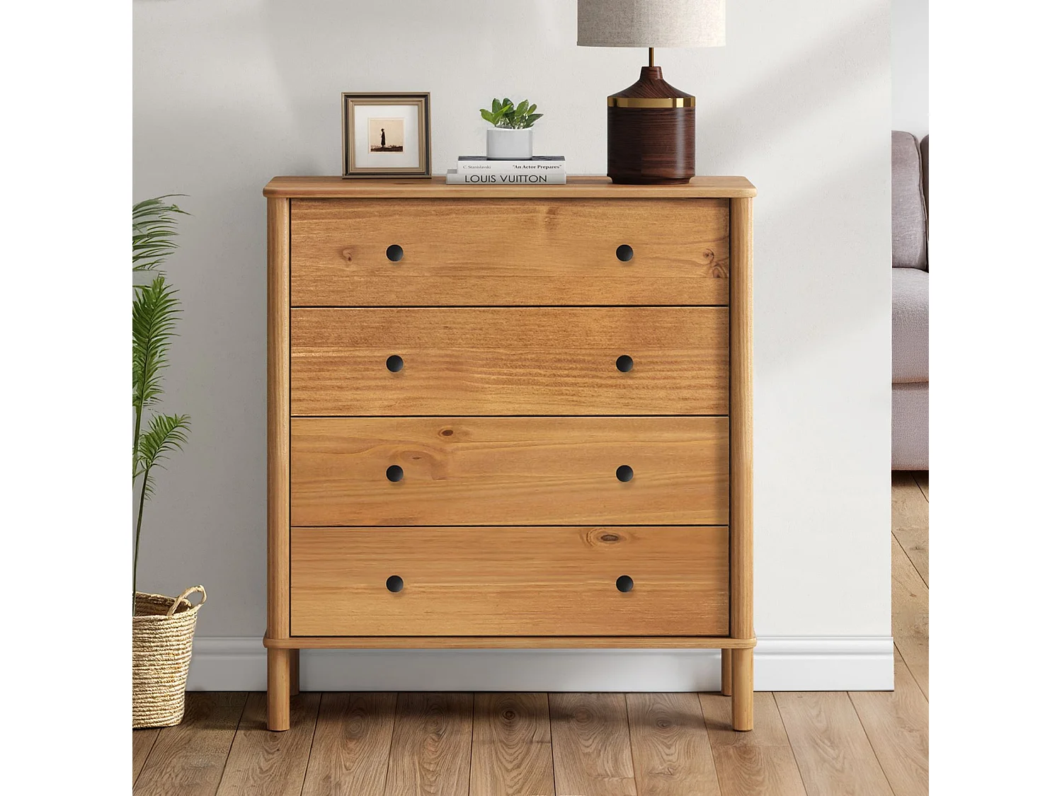 Commode chambre APOANA H 99 cm 4 tiroirs en bois massif coloris chêne meuble de rangement pour vêtements