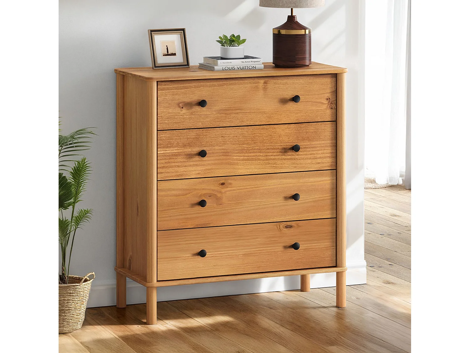 Commode chambre APOANA H 99 cm 4 tiroirs en bois massif coloris chêne meuble de rangement pour vêtements