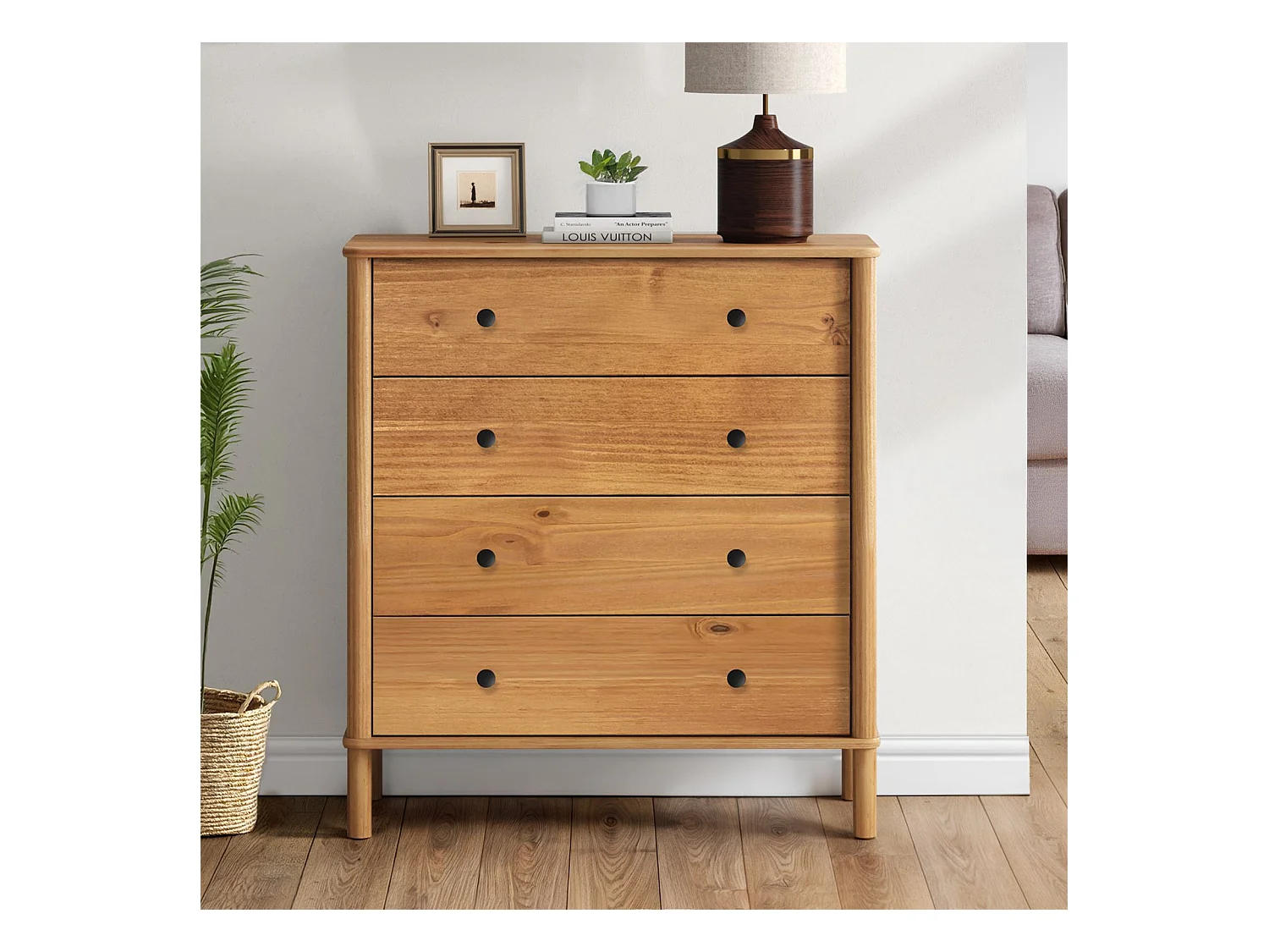 Commode chambre APOANA H 99 cm 4 tiroirs en bois massif coloris chêne meuble de rangement pour vêtements