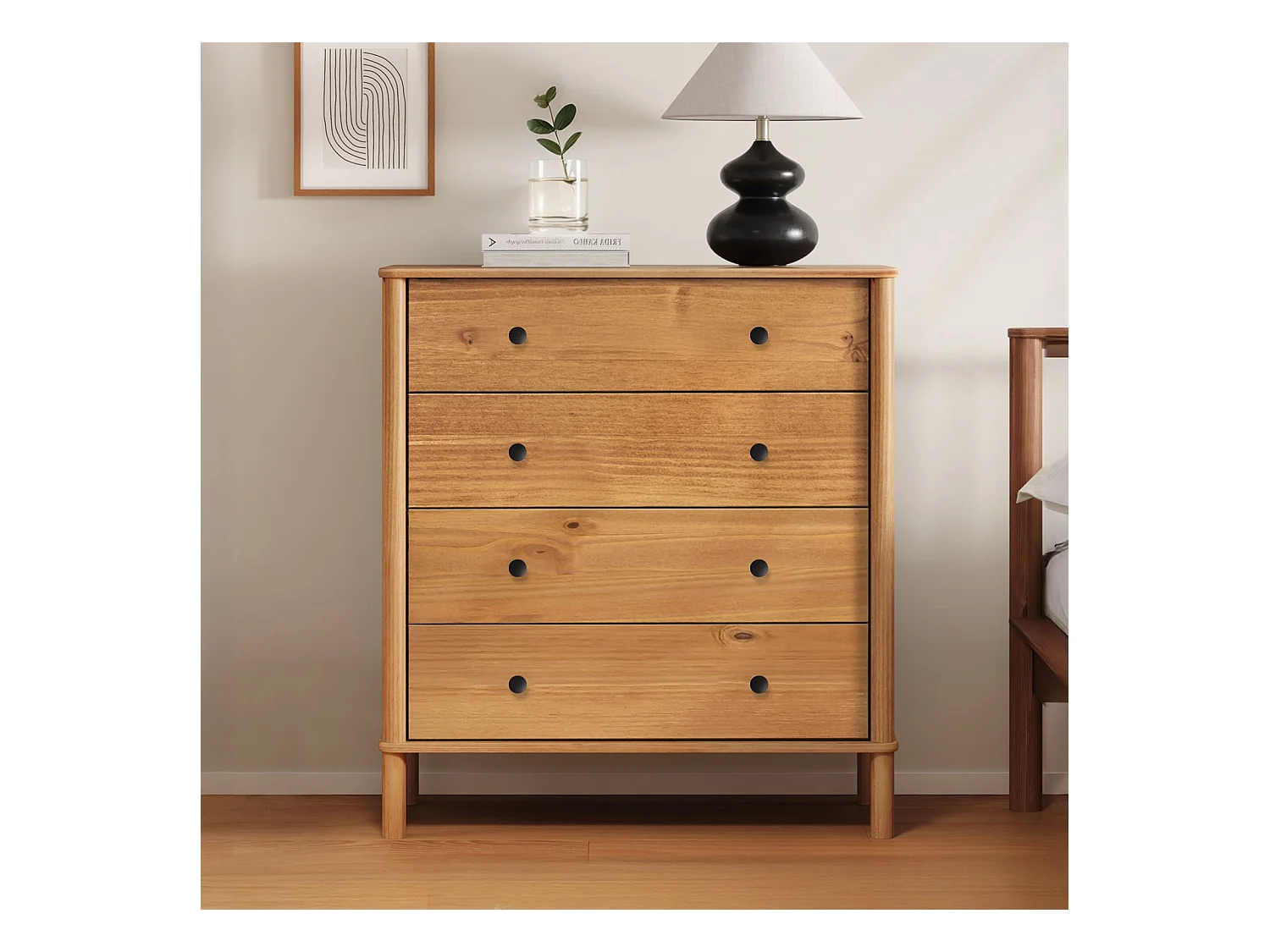 Commode chambre APOANA H 99 cm 4 tiroirs en bois massif coloris chêne meuble de rangement pour vêtements
