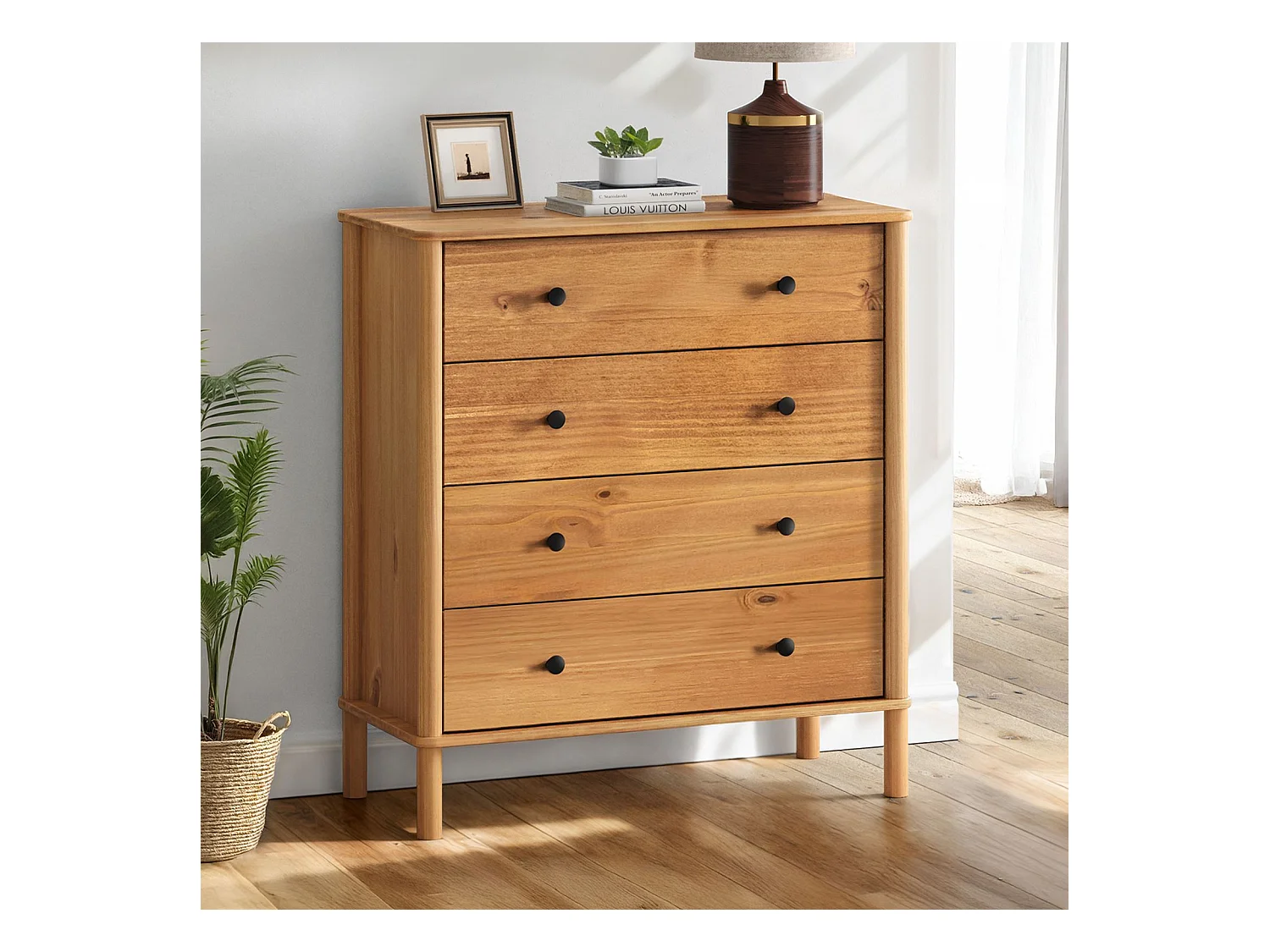 Commode chambre APOANA H 99 cm 4 tiroirs en bois massif coloris chêne meuble de rangement pour vêtements