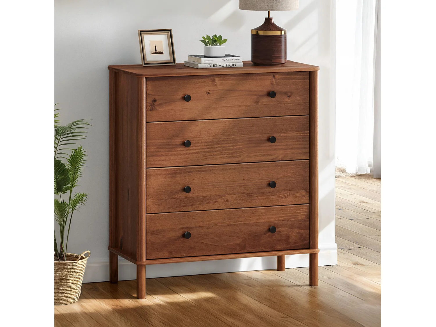 Commode chambre APOANA H 99 cm 4 tiroirs en bois massif coloris châtaignier meuble de rangement pour vêtements