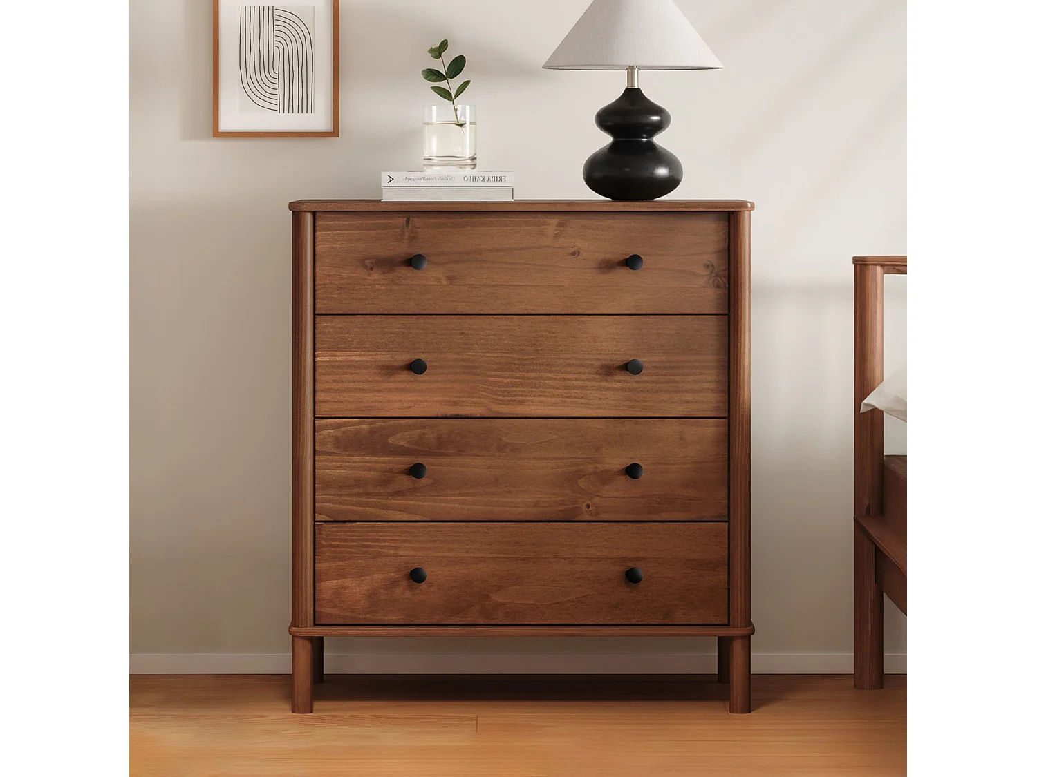 Commode chambre APOANA H 99 cm 4 tiroirs en bois massif coloris châtaignier meuble de rangement pour vêtements