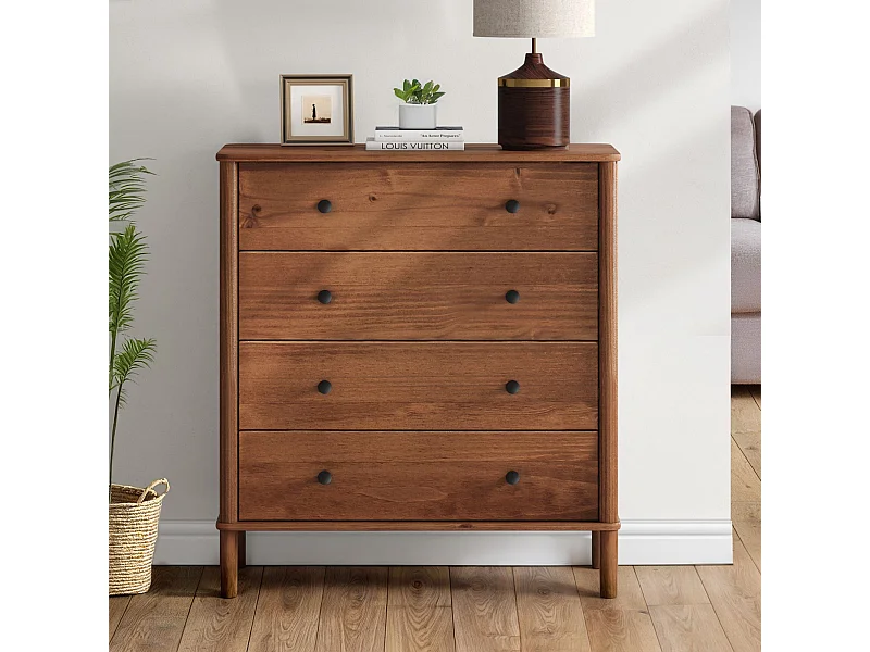 Commode chambre APOANA H 99 cm 4 tiroirs en bois massif coloris châtaignier meuble de rangement pour vêtements