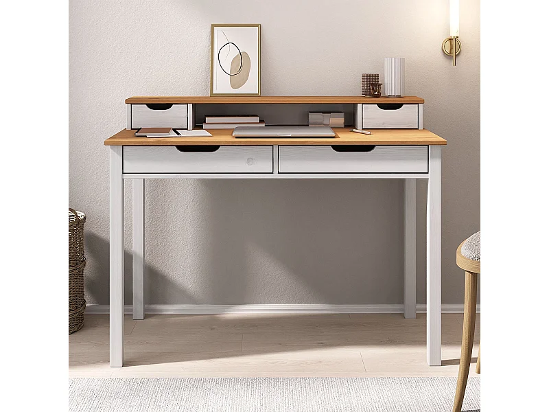 Bureau RAUL L 114 cm en bois massif coloris blanc et chêne avec quatre tiroirs et une niche réhausse écran intégrée