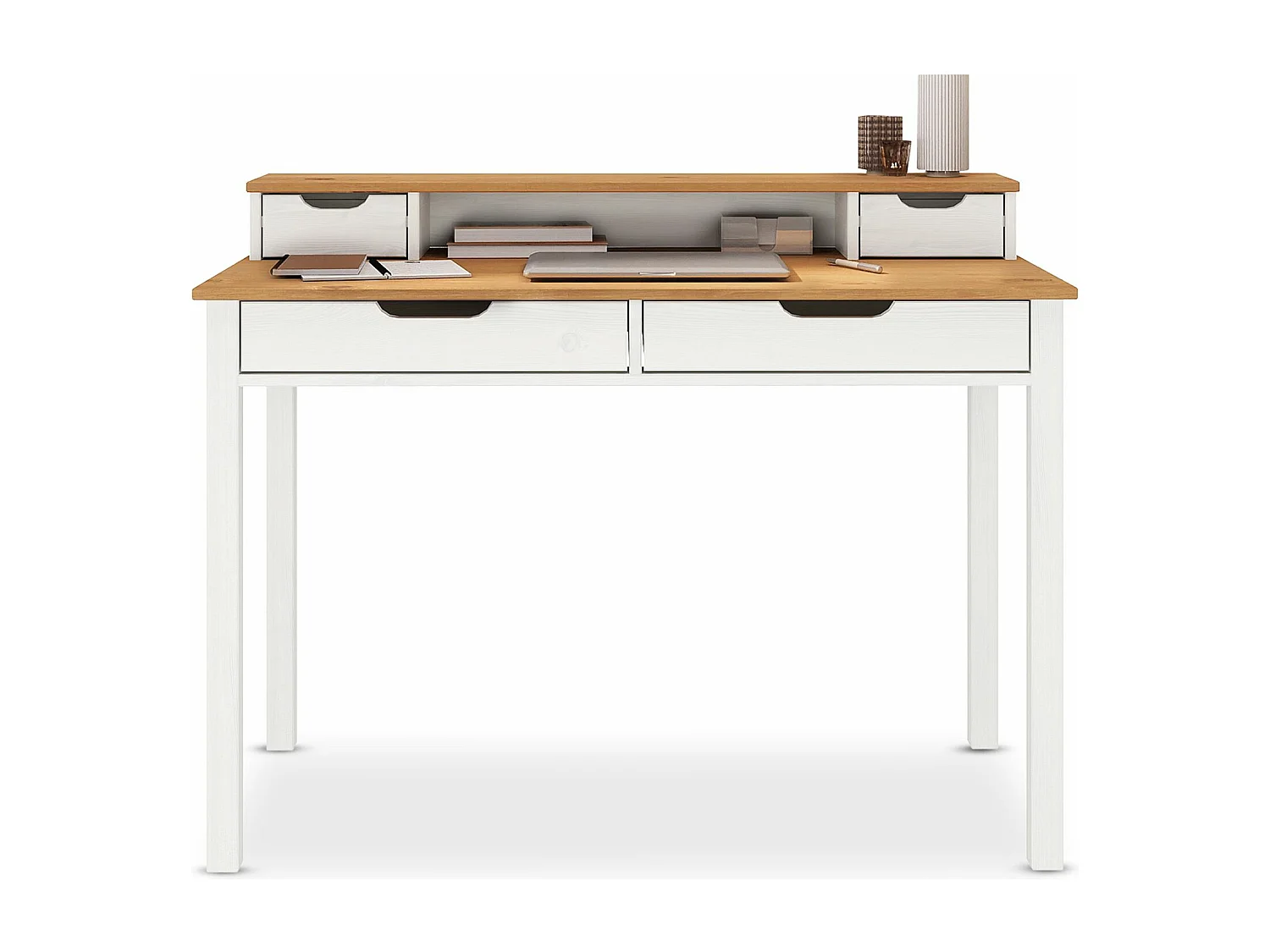 Bureau RAUL L 114 cm en bois massif coloris blanc et chêne avec quatre tiroirs et une niche réhausse écran intégrée
