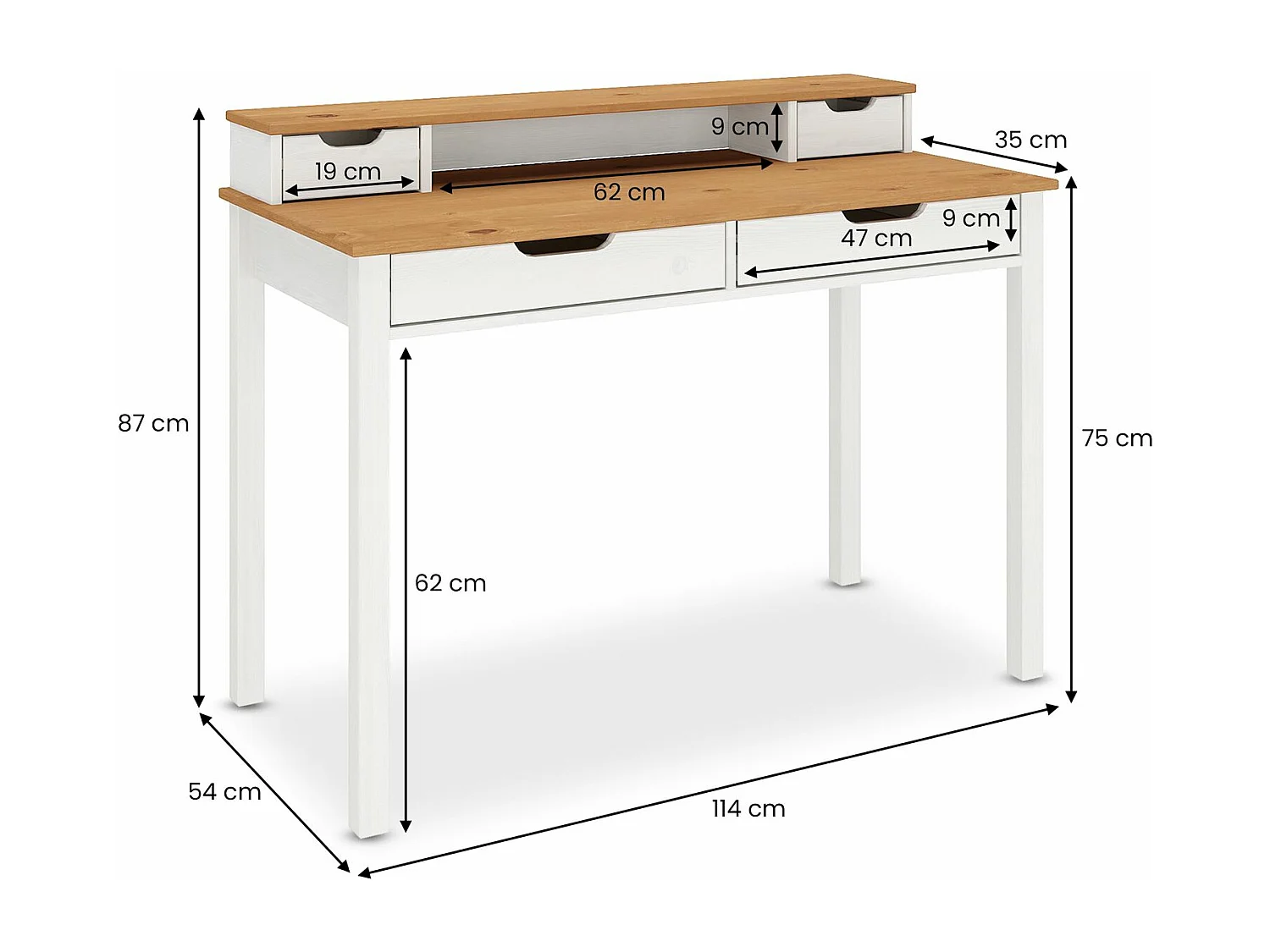 Bureau RAUL L 114 cm en bois massif coloris blanc et chêne avec quatre tiroirs et une niche réhausse écran intégrée