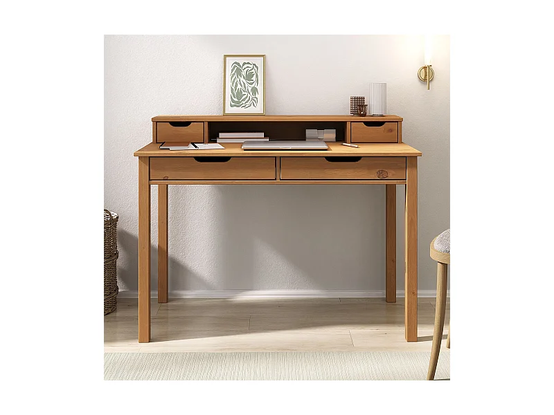 Bureau RAUL L 114 cm en bois massif coloris chêne avec quatre tiroirs et une niche réhausse écran intégrée