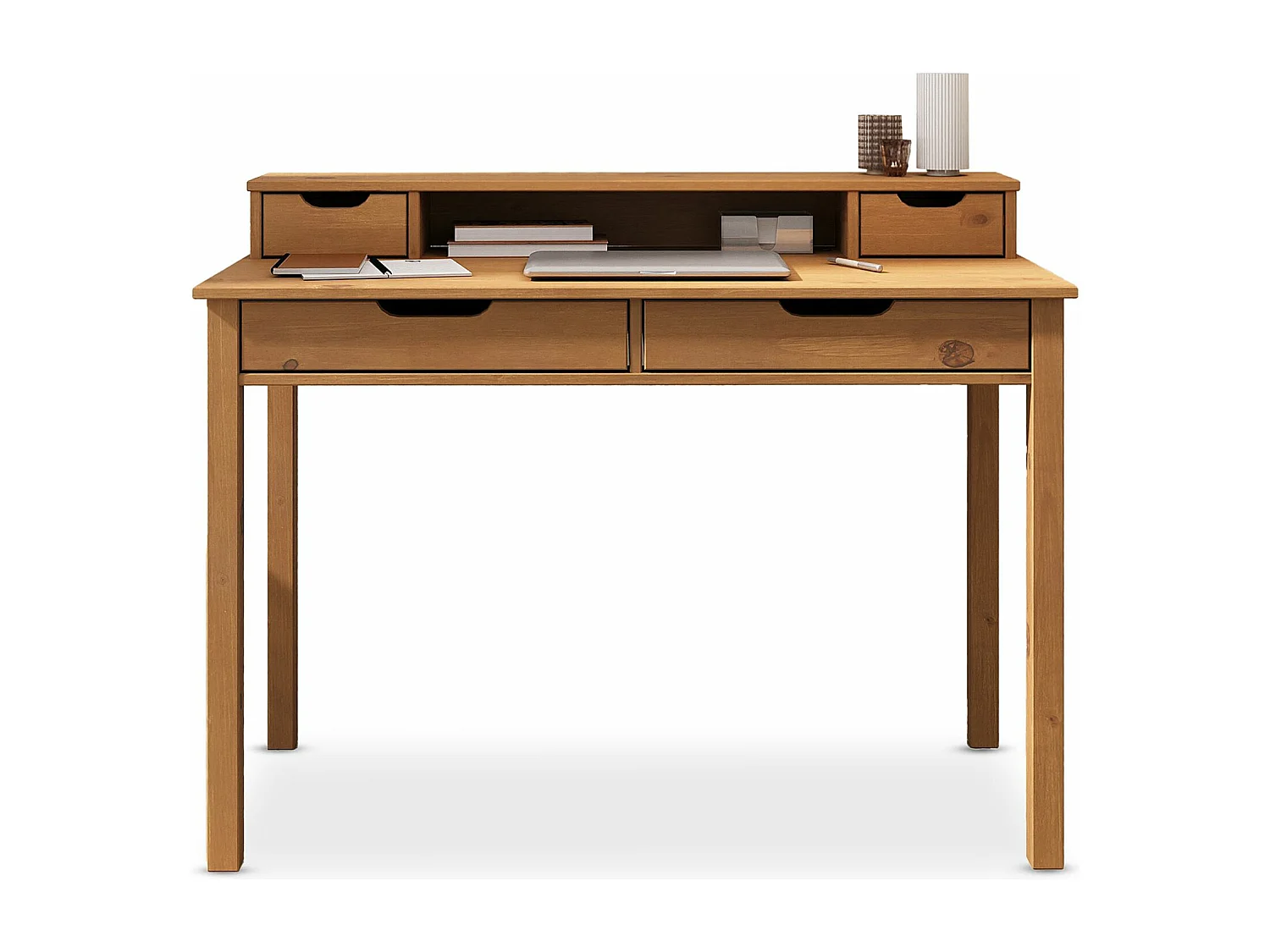 Bureau RAUL L 114 cm en bois massif coloris chêne avec quatre tiroirs et une niche réhausse écran intégrée