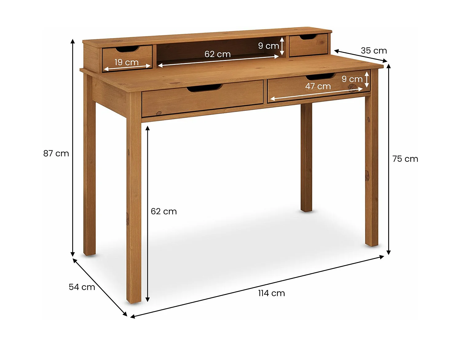 Bureau RAUL L 114 cm en bois massif coloris chêne avec quatre tiroirs et une niche réhausse écran intégrée