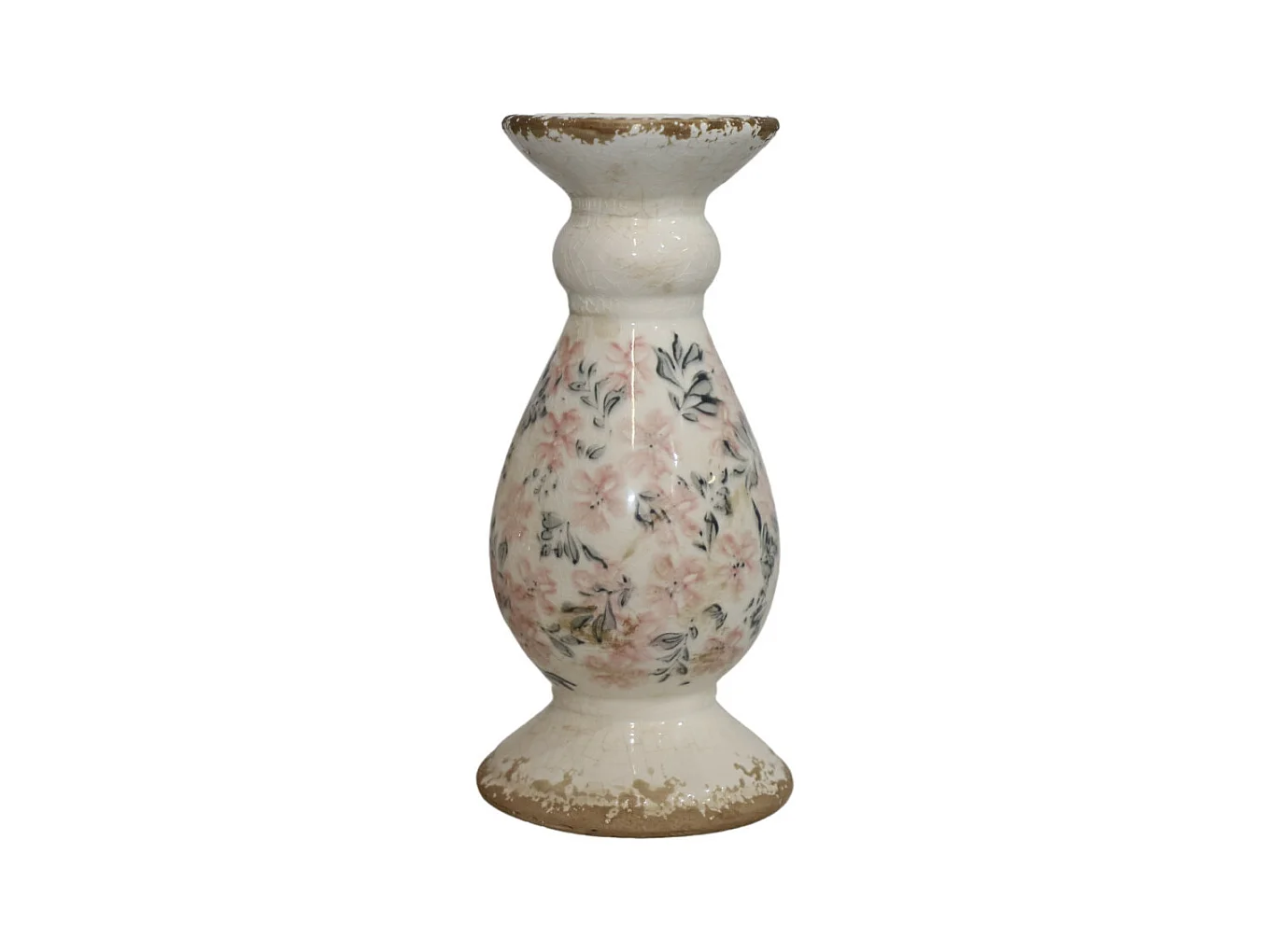 Bougeoir en céramique émaillée "Fleurs bleues et rose" Ø.12 x 25.5 cm