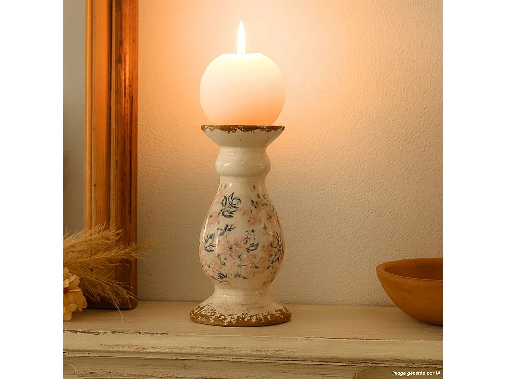 Bougeoir en céramique émaillée "Fleurs bleues et rose" Ø.12 x 25.5 cm