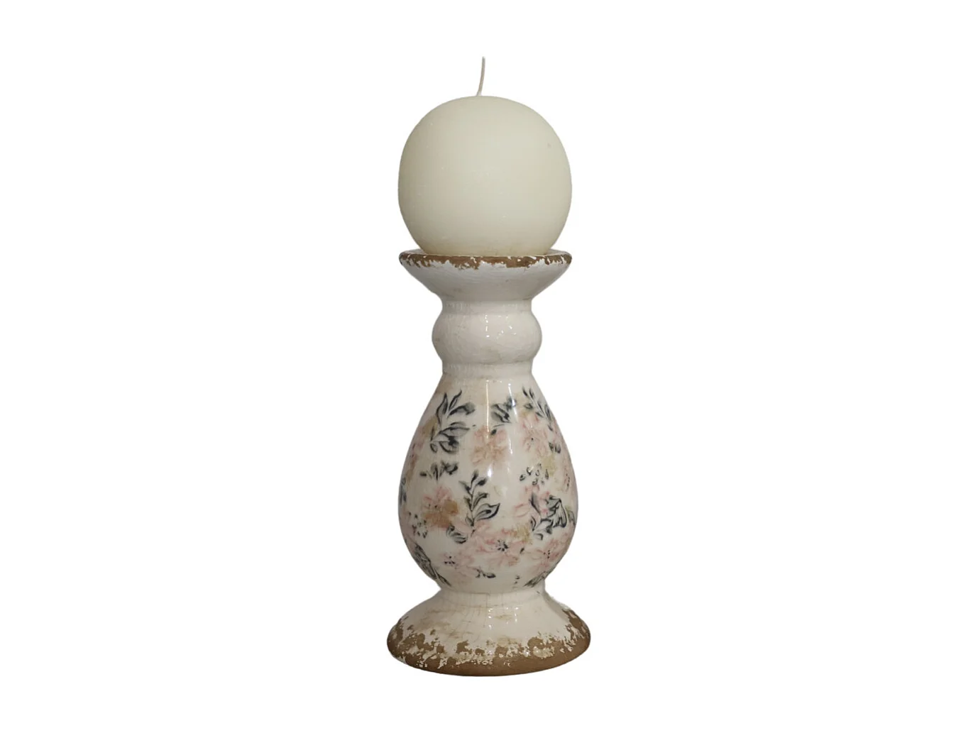 Bougeoir en céramique émaillée "Fleurs bleues et rose" Ø.12 x 25.5 cm