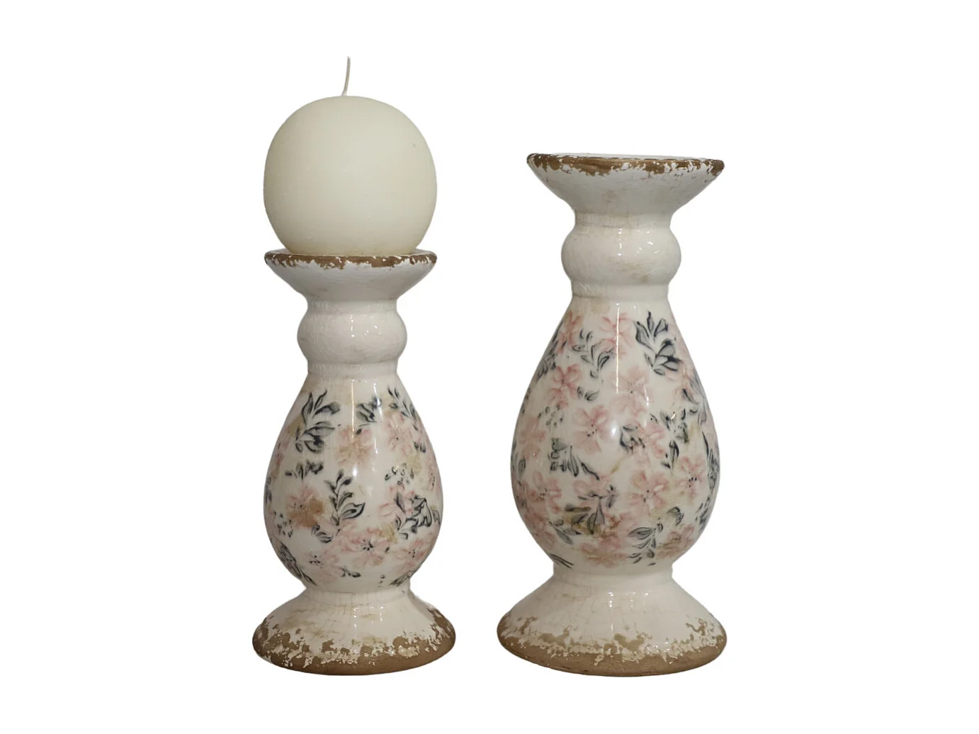 Bougeoir en céramique émaillée "Fleurs bleues et rose" Ø.12 x 25.5 cm