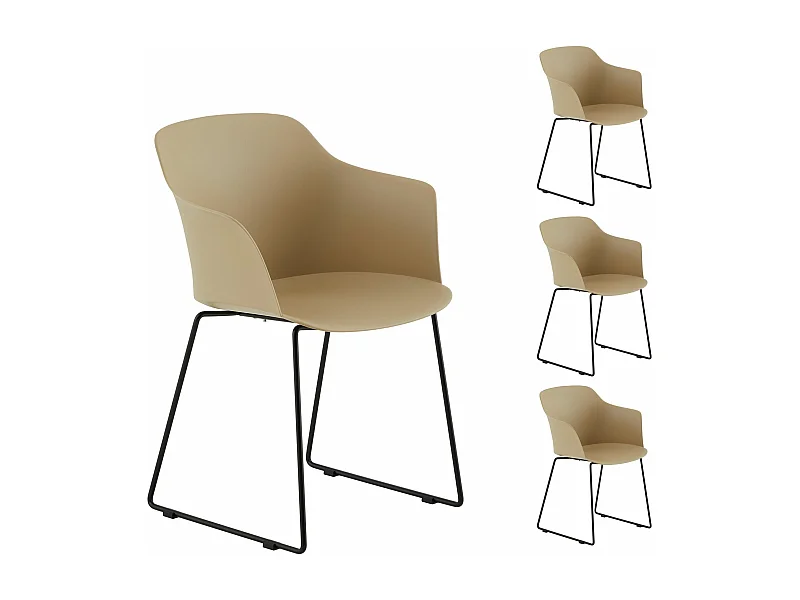 Lot de 4 chaises de jardin FORO fauteuil d'extérieur en plastique beige résistant aux UV et pieds en métal noir