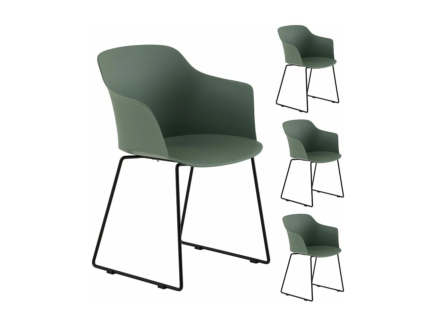 Lot de 4 chaises de jardin FORO fauteuil d'extérieur en plastique vert résistant aux UV et pieds en métal noir