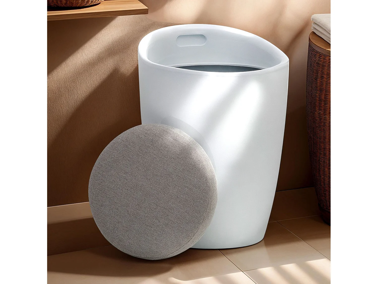 Tabouret DANIEL coffre de rangement panier à linge siège avec assise rembourrée, en plastique et revêtement synthétique, blanc/gris