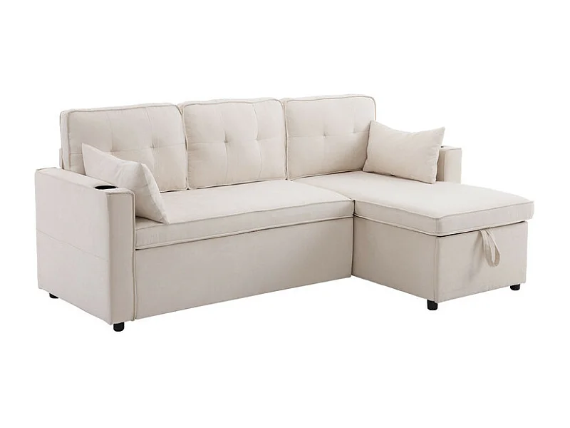 Sofá de esquina reversible convertible en algodón y lino, Meridian con almacenamiento, portavasos, 211x129.5x86cm, Beige