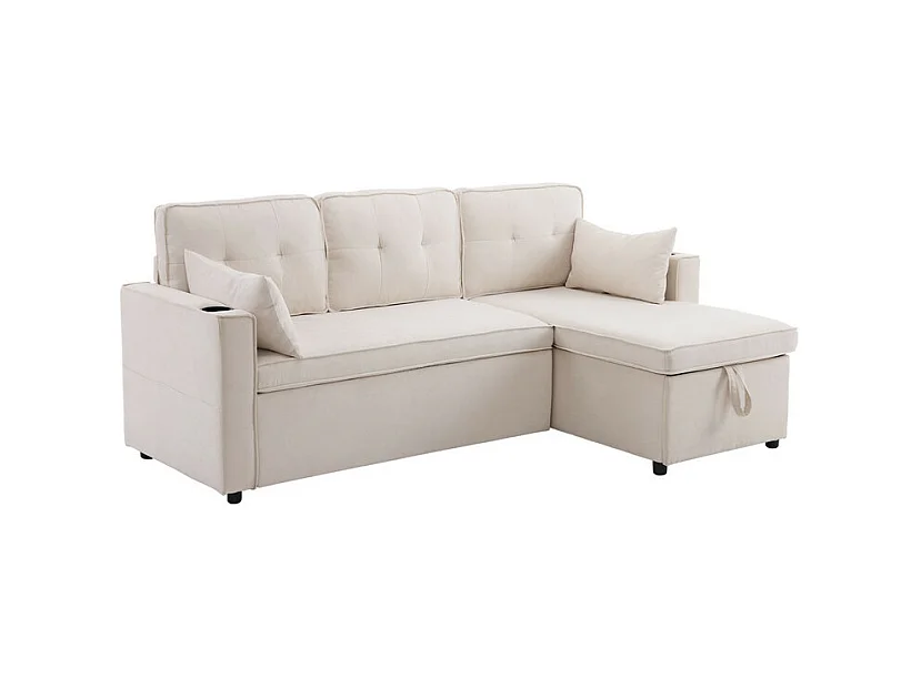 Canapé d'angle réversible convertible en coton et en lin, Méridienne avec rangement, porte-verres, 211x129.5x86cm, Beige