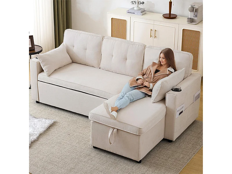 Canapé d'angle réversible convertible en coton et en lin, Méridienne avec rangement, porte-verres, 211x129.5x86cm, Beige