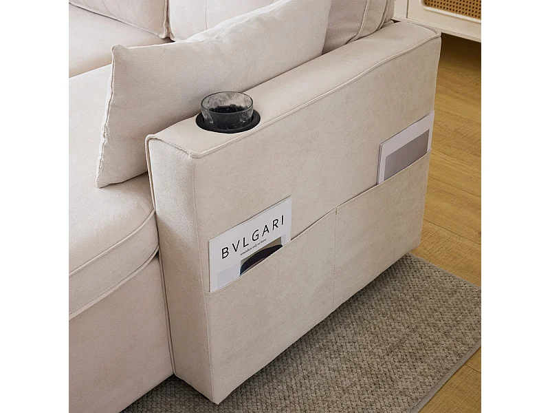 Canapé d'angle réversible convertible en coton et en lin, Méridienne avec rangement, porte-verres, 211x129.5x86cm, Beige