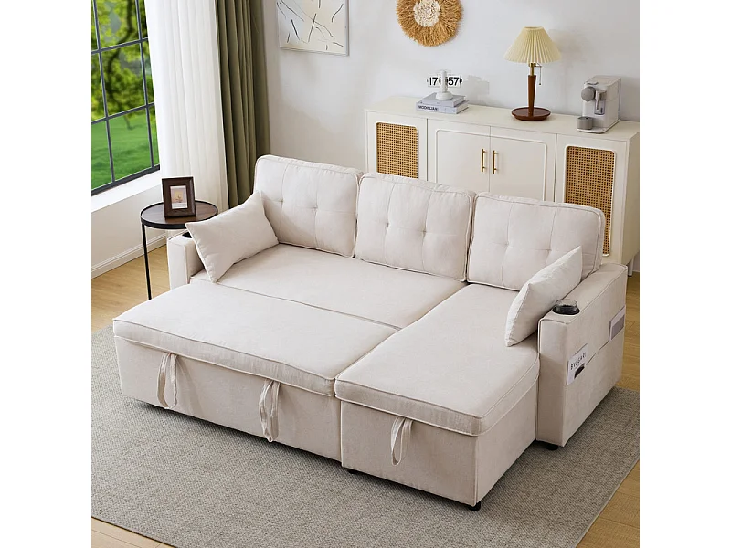 Canapé d'angle réversible convertible en coton et en lin, Méridienne avec rangement, porte-verres, 211x129.5x86cm, Beige