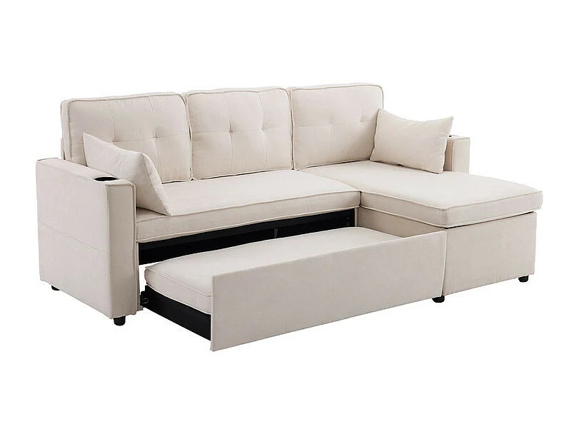 Canapé d'angle réversible convertible en coton et en lin, Méridienne avec rangement, porte-verres, 211x129.5x86cm, Beige