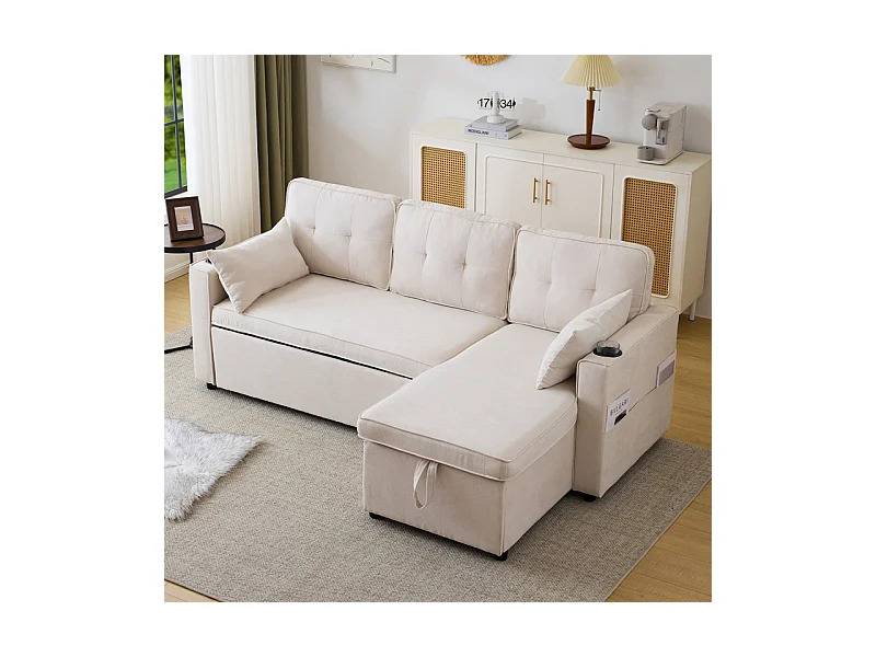 Canapé d'angle réversible convertible en coton et en lin, Méridienne avec rangement, porte-verres, 211x129.5x86cm, Beige