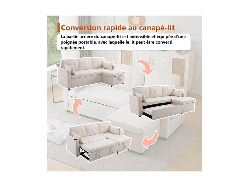 Divano angolare reversibile convertibile in cotone e lino, Meridiano con deposito, portabicchieri, 211x129.5x86cm, Beige